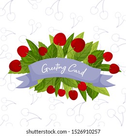 Blue ribbon with cherry leaves and berries. Vector illustration.