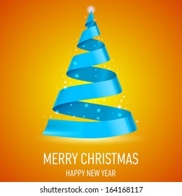 Blue ribbon Christmas tree on yellow and orange background. Greeting card.