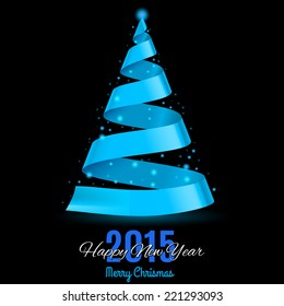 Blue ribbon Christmas tree on black background.  Greeting card 2015.