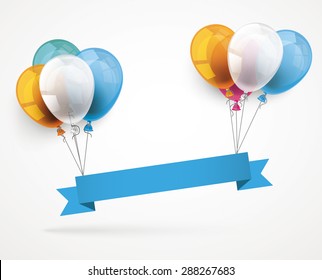 Blue ribbon with colored balloons. Eps 10 vector file.