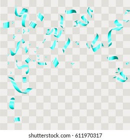 Blue Ribbon Confetti  Vector Festive Illustration of Falling Shiny Isolated on Transparent Checkered Background.