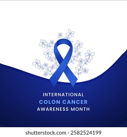 Blue ribbon with flower awareness graphic for International Colon Cancer Awareness Month banner.