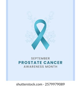 Blue ribbon with flower and white background awareness graphic for International Prostate Cancer Awareness Month