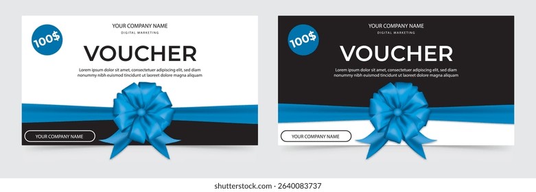 Blue ribbon gift voucher with 100 dollars tag and elegant modern layout
