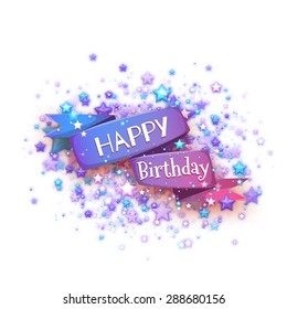 Blue ribbon with Happy birthday title. Vector illustration.