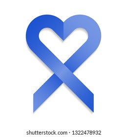 Blue ribbon with heart shape for support and attention call in awareness campaigns isolated on white.