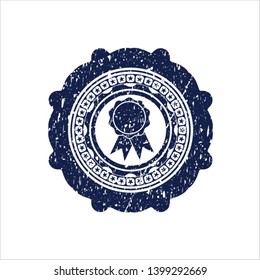 Blue ribbon icon inside distress rubber stamp with grunge texture