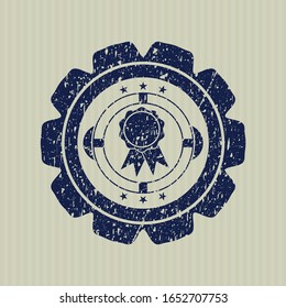 Blue ribbon icon inside distressed rubber stamp with grunge texture