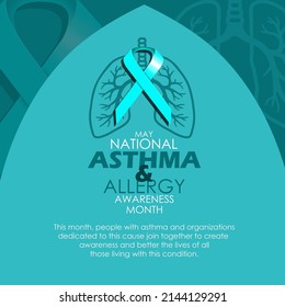 Blue ribbon with lungs on the back in bold text on blue background, National Asthma and Allergy Awareness Month in May