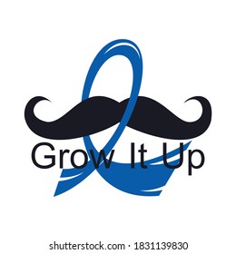 Blue Ribbon and Mustache Cancer Awareness Vector Template Design. Grow It Up Text Card Vector.