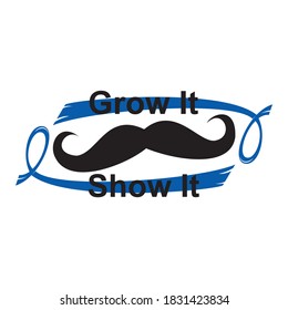 Blue Ribbon and Mustache Cancer Awareness Vector Template Design. Grow It Up Text Card Vector.