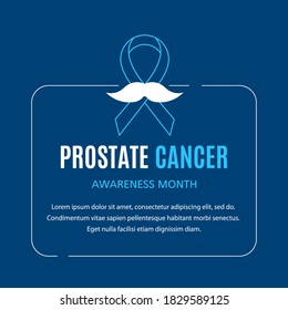 Blue Ribbon with Mustache, Frame Border and Place for Text on Blue Background. Prostate Cancer Awareness Month Concept. Flat Style Line Art Vector Illustration