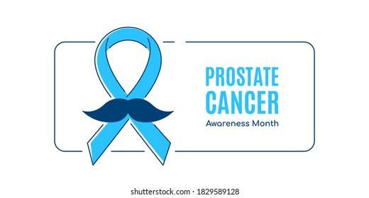 Cinta azul con bigote, borde de marco y lugar para texto sobre fondo blanco. Concepto del Mes de Conciencia sobre el Cáncer de Próstata. Ilustración de vectores de arte de línea plana