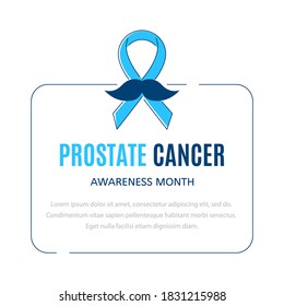 Cinta azul con bigote, borde de marco y lugar para texto sobre fondo blanco. Concepto del Mes de Conciencia sobre el Cáncer de Próstata. Ilustración de vectores de arte de línea plana