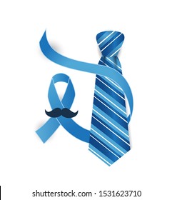 Blue Ribbon with mustache and necktie. Prostate cancer awareness month vector illustration.