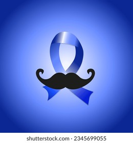 Blue ribbon with mustache. Prostate cancer awareness month. Vector illustration.