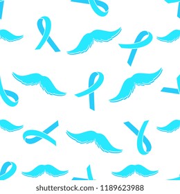 Blue ribbon and mustache seamless pattern . National prostate Cancer Awareness Month concept.