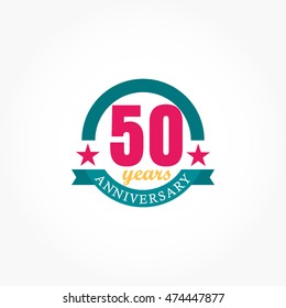 blue ribbon on circle line with pink number between stars for fifty anniversary logo vector