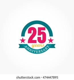 blue ribbon on circle line with pink number between stars for twenty fifth anniversary logo vector