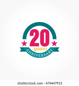 blue ribbon on circle line with pink number between stars for twenty anniversary logo vector