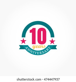 blue ribbon on circle line with pink number between stars fortenth  anniversary logo vector