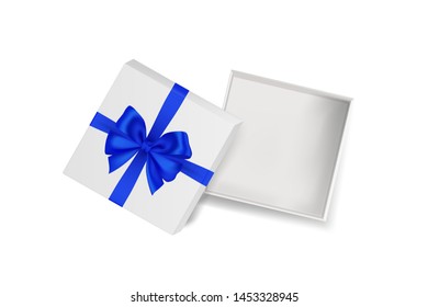 blue ribbon on white mock up empty gift box on white background