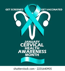 Blue ribbon with ovary icon and bold text on dark turquoise background to commemorate Cervical Health Awareness Month on January