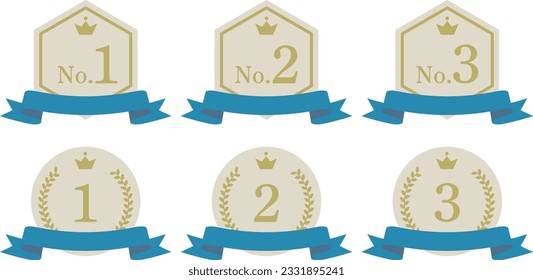 Blue ribbon ranking material. Golden hexagon and medal.
Illustration of an emblem with a ribbon on which the numbers No.1 to No.3 are written.