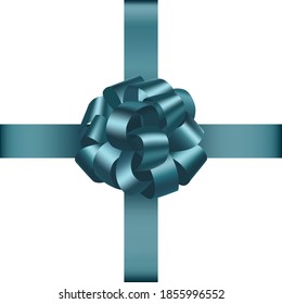 Blue ribbon with a realistic round bow. Isolated design element with 3d bow. Decoration and wrapping of gifts. Holiday banner for greeting or Christmas sale. Illustration for anniversary or birthday.