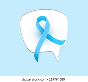 Vector realista de cinta azul. Cinta del mes de sensibilización sobre el cáncer de próstata en la burbuja del habla.