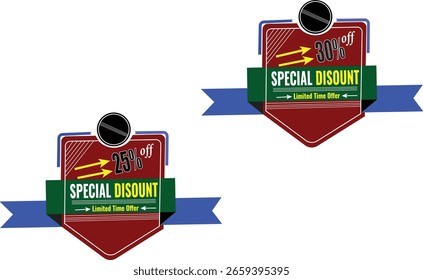 Blue ribbon and red badge vector set with 30% and 25% off special discount label designs