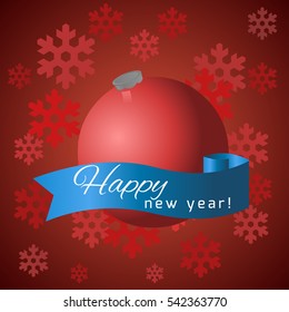 Blue ribbon and red ball on Christmas background. Happy New Year vector stock card.
