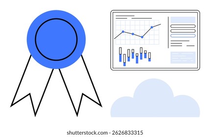Cinta azul que representa el logro, panel de análisis con gráficos y gráficos e icono de almacenamiento en la nube. Ideal para el éxito empresarial, análisis de datos, servicios en la nube, marketing digital, en línea