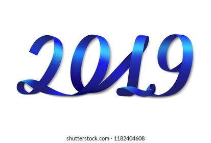 Blue ribbon shapes number 2019. White background. Vector illustration.