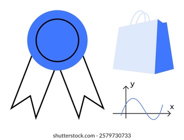 Blue ribbon, shopping bag with S logo and graph with x and y axes. Ideal for education, business, e-commerce, quality and success themes. Simple vector style