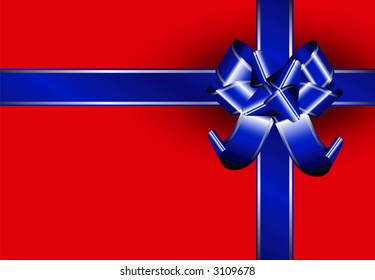 Blue ribbon with silver lines on a red package