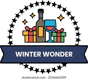 A blue ribbon with a star pattern and a wine bottle and a wine glass on it. The ribbon says Winter Wonder