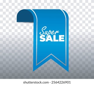 Blue ribbon tag with Super Sale text, isolated on a transparent background, ideal for promotions, discounts, or special marketing campaigns. Vector illustration