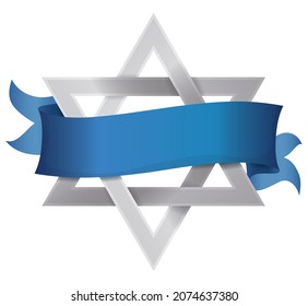 Blue ribbon template with empty space, wrapping a silver Star of David over white background.