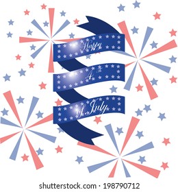 a blue ribbon with text in a background with fireworks