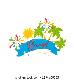 Blue ribbon with text Brazil, palm trees, sun and colorful salutes. Flat vector for promo poster or banner of carnival