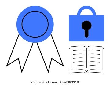 Blue ribbon with two tails, an open book, and a lock symbol emphasize achievement, education, and security. Ideal for academic success, privacy, learning, quality, and credential themes. Simple