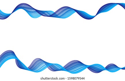 Blue ribbon waves border frame vector illustration. Curve lines ribbons, blue cyan indigo wavy flow.