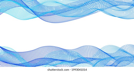 Ilustración vectorial de borde de ondas de cinta azul. Cintas de líneas de curva, borde de marco de flujo ondulado azul cián índigo.