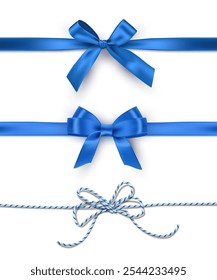 Blue ribbons with bow on white background. Blue gift wrapping decoration elements. Present box decorations. Realistic 3d vector illustration set.