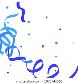 Blue ribbons confetti background. Fallen vector background. Blue geometric stars and ribbons explosion for invitation card. New year, christmas and birthday celebration template. Abstract background.