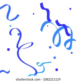 Blue ribbons confetti background. Fallen vector background. Blue geometric stars and ribbons explosion for invitation card. New year, christmas and birthday celebration template. Abstract background.