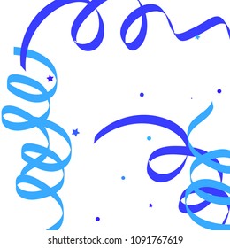 Blue ribbons confetti background. Fallen vector background. Blue geometric stars and ribbons explosion for invitation card. New year, christmas and birthday celebration template. Abstract background.
