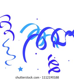 Blue ribbons confetti background. Fallen vector background. Blue geometric stars and ribbons explosion for invitation card. New year, christmas and birthday celebration template. Abstract background.
