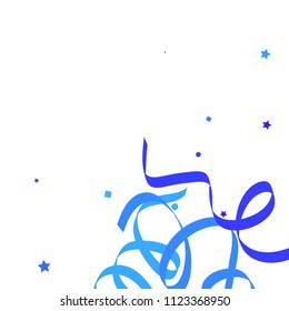 Blue ribbons confetti background. Fallen vector background. Blue geometric stars and ribbons explosion for invitation card. New year, christmas and birthday celebration template. Abstract background.